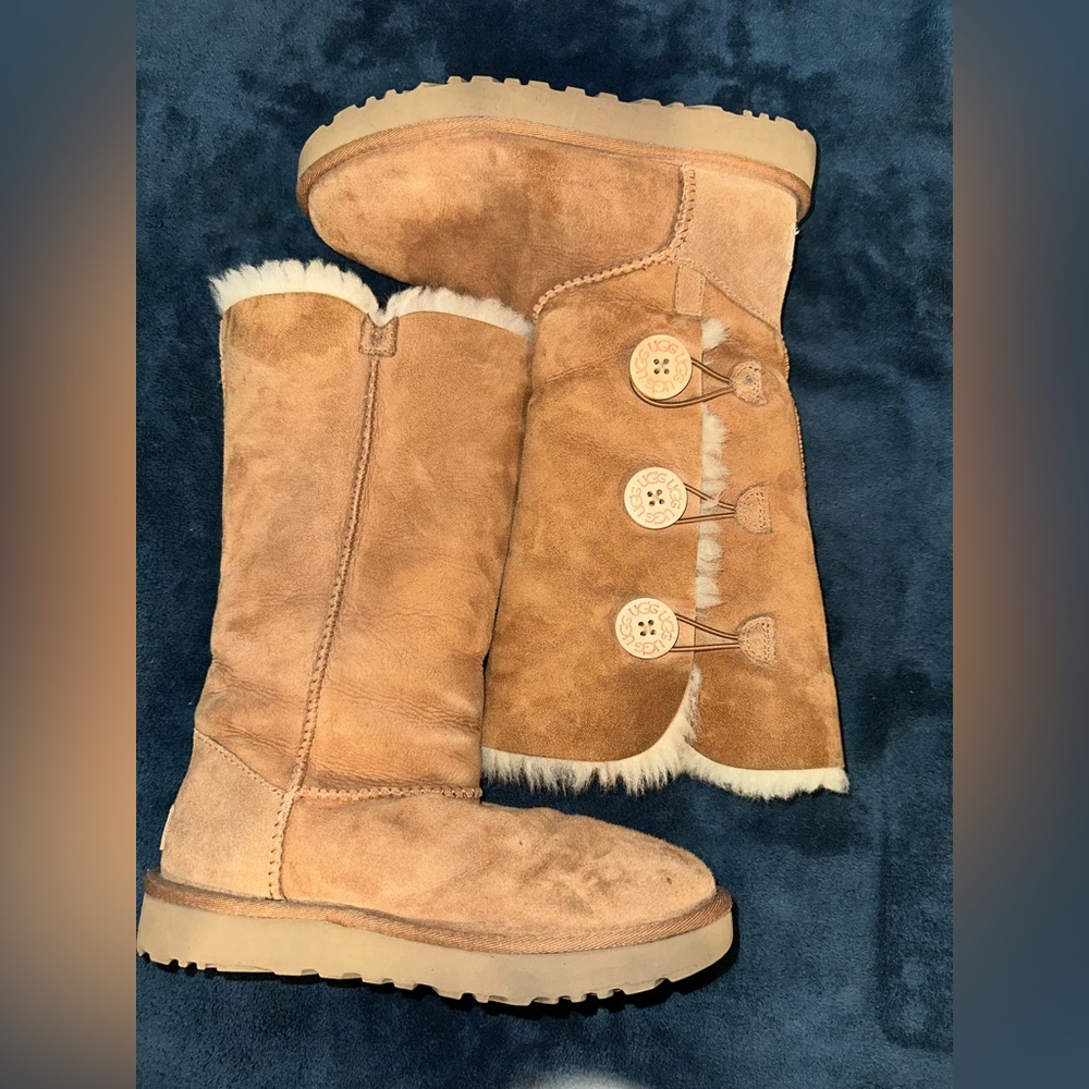UGG Chestnut Bailey Button Tall Suede Boots with Shearling (worn, some marks)